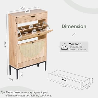 Yechen Shoe Rack Storage Organizer with 2 Natural Semi-Circular Rattan Doors, Entryway Wooden Shoe Cabinet for Sneakers, Leather Shoes, High Heels, Slippers (1 Piece, Oak) - Image 2