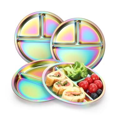 AIEVE Stainless Steel Kids Plates, 4 Pack Round Divided Toddler Plates, Portion Control Plate 9 Inch - Image 1