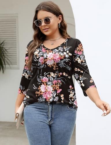TFSDOD Plus Size Tops for Women 3/4 Sleeve V Neck Long Sleeve Shirt Women Summer Outfits Black Big Red Floral XXL - Image 5