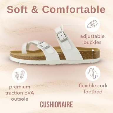 CUSHIONAIRE Luna Crossover Toe Strap Womens Sandals – Cork Footbed Slides with Adjustable Straps, Summer Sandals for Women 2025, WHITE 8 - Image 6