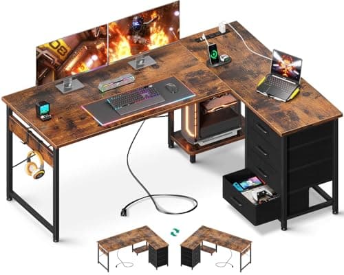 AODK L Shaped Desk with 4 Tier Drawers, 53" Reversible Gaming Desk with Power Outlets, L Shaped Computer Desk with USB Charging Port and Host Stand, Home Office Corner Desk, Easy to Assemble, Vintage - Image 1