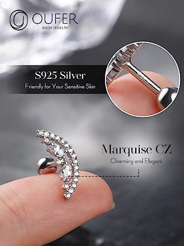 OUFER 16G Helix Piercing Jewelry, 925 Sterling Silver Cartilage Earrings Stud, Clear CZ Tragus Earrings, Conch Lobe Piercing Jewelry for Women Men - Image 3