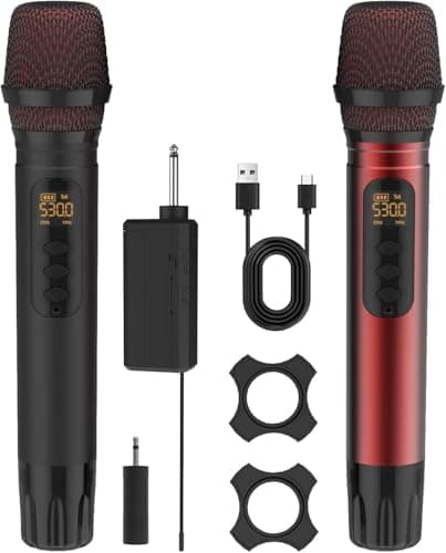 ROUWU Wireless Microphones, UHF Metal Dual Handheld Cordless Dynamic Karaoke Microphone Wireless, 1/4 "Output for Rechargeable Wireless Microphone, Wedding, Party,DJ, Church, Speech,Class Use, 240ft