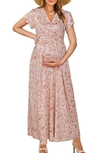 OUGES Maternity Maxi Dress Wrap V Neck Baby Shower Pregnancy Dresses for Photoshoot Summer Maternity Clothes 2025(Apricot Pink Floral,M) - Image 1