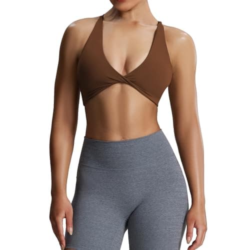 Aoxjox Women's Workout Sports Bras Fitness Backless Padded Sienna Low Impact Bra Yoga Crop Tank Top (Dark Brown, Medium) - Image 1