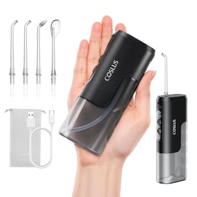 COSLUS Mini Water Flosser for Travel: Portable Compact Design, Cordless Oral Irrigator with 4 Modes, Removable Tank, IPX7 Waterproof for Braces, Orthodontic, Sensitive Teeth On-The-Go Use, Black, T40 - Image 1