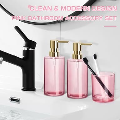 ALPIRIRAL Pink Bathroom Accessories Set, 5 Pcs Pink Glass Bathroom Set, Soap Dispenser and Toothbrush Holder Set, Qtip Holder and Cotton Ball Holder, Modern Bathroom Decor Sets, Bathroom Sink Set - Image 3