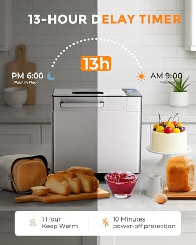 EUHOMY Bread Maker Machine 13 Program 2LB Bread Maker, Bread Machine with 3 Loaf Sizes and 3 Crust Colors, Breadmaker with Fruit & Nut Dispenser,Ideal for Family Gifts, Gluten Free - Image 7