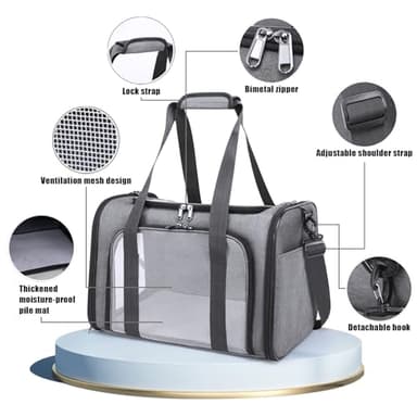 XPQKDC Pet Carrier, Airline Approved Cat and Dog Box, Portable and Foldable Pet Travel Bag with Breathable Mesh, Straps, Mat(Gray, Large) - Image 4