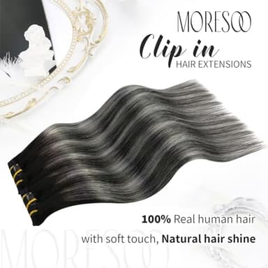 Moresoo Clip on Hair Extensions Balayage Remy Double Weft Human Hair Extensions Clip ins Natural Black to Silver 20inch 150Grams 7pcs - Image 4