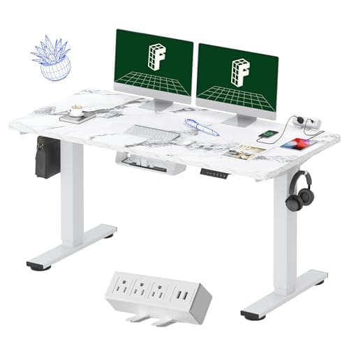 FLEXISPOT EN2 Whole-Piece Standing Desk with Clamp Power Strip, 55 x 28 Electric Stand Up Height Adjustable Desk with Cable Management (White Frame + 55" Marble Grey Top, 2 Packages) - Image 1