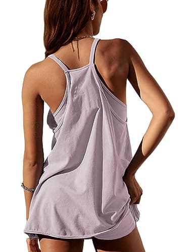 Yidarer Womens Summer Athletic Mini Dress Sleeveless Spaghetti Strap Built-in Shorts V Neck Sundress with Pockets(Mauve-Large) - Image 3