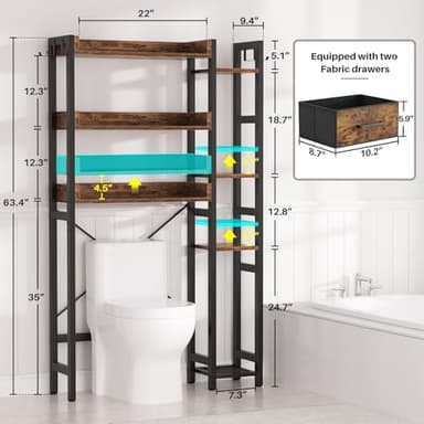 Over The Toilet Storage with 2 Drawers - 7 Tier Bathroom Organizer with Adjustable Shelf, Freestanding Space Saver Storage Rack Above Toilet Stand with 4 Hooks for Restroom, Laundry, Rustic Brown - Image 3
