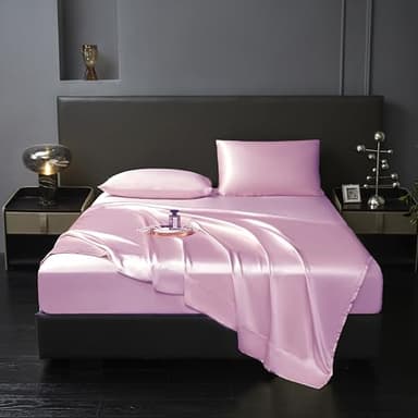 Revdomfly 4 Pcs Full Size Luxury Silky Soft Pink Satin Sheet Set,1 Premium Moisture Wicking Fitted Sheet Fits Up to 16 Inches Deep Pocket + 1 Flat Sheet + 2 Pillowcases(Pink, Full) - Image 1