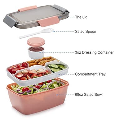 Freshmage Salad Lunch Container To Go, 68-oz Bowls with 4 Compartments, Dressing Container for Toppings, Snacks, Men, Women (Pink-XL) - Image 2
