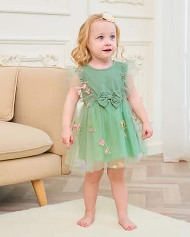 Renotemy Infant Baby Girl Tulle Tutu Dress Green Embroidery Sleeveless Boho Fairy Baptism Princess Wedding Birthday Party Dresses for Baby Girls with Flower Headband 6-12 Months - Image 2