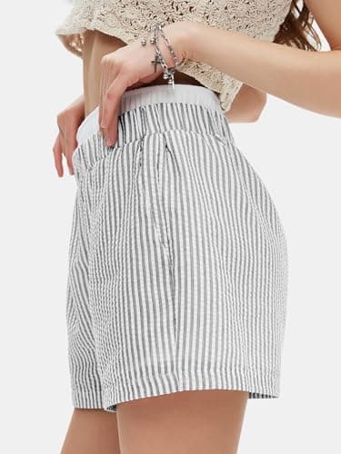 EXLURA Women's Stripe Print Exposed Boxer Shorts Elastic High Waisted Wide Leg Y2K Workout Gym Shorts - Image 5