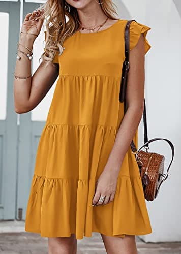 KIRUNDO Women's Casual Dresses 2025 Summer Sleeveless Ruffle Sleeve Round Neck Loose Short Flowy Tiered Pleated Mini Dress (Dark Yellow, X-Large) - Image 4