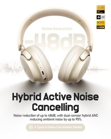 Picun NC60 Hybrid Active Noise Cancelling Headphones, Foldable Wireless Over Ear Bluetooth 5.4 Headphones, 80H Playtime, Transparency Mode, Stereo Bass, Custom EQ via App for Travel Home Khaki White - Image 2