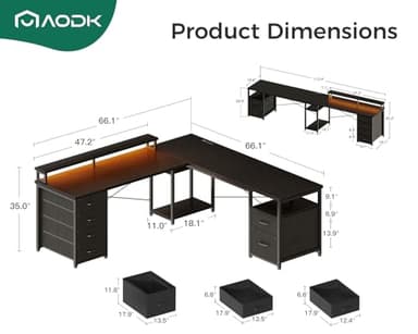 AODK 66" L Shaped Computer Desk, 113“ Reversible Home Office Desk with File Cabinet & 4 Fabric Drawers, Two Person Desk with LED Lights & Power Outlet, Corner Gaming Desk with Monitor Shelf, Black - Image 2