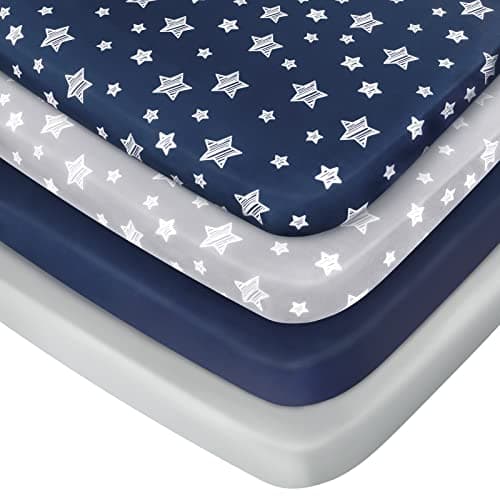 Pack and Play Sheets Boys, 4 Pack Mini Crib Sheets, Stretchy Pack and Play Playard Fitted Sheet, Compatible with Graco Pack n Play, Soft and Breathable Material, Navy - Image 1