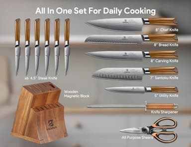 Kitchen Knife Sets With Block, Piklohas 15 Pieces Knife Sets With Magnetic Detachable Knife Holder, High Carbon Steel Damascus Pattern Chef Knife Set With Steak Knives, Ideal For House Warming Gift - Image 7