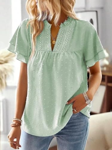 Falechay Womens Summer Tops Ruffle Sleeve V Neck Blouses for Women Dressy Casual Flowy Business Short Sleeve Shirts Light Green L - Image 2