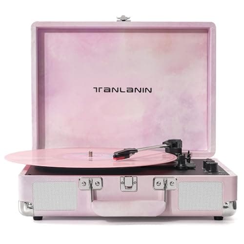 Watercolor Vinyl Record Player with Treble & Bass Control, Vintage 3-Speed Bluetooth Suitcase Portable Turntables with Built-in Speakers, 33 45 78 RPM LP Player Support RCA/AUX/Headphone Jack, Pink - Image 1