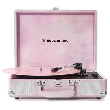 Watercolor Vinyl Record Player with Treble & Bass Control, Vintage 3-Speed Bluetooth Suitcase Portable Turntables with Built-in Speakers, 33 45 78 RPM LP Player Support RCA/AUX/Headphone Jack, Pink - Image 1