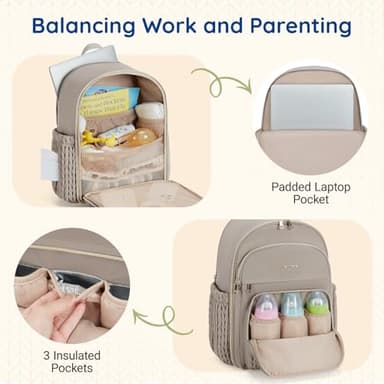 mommore Diaper Bag Backpack Large Baby Bag with Insulated Pockets, Laptop Sleeve Stroller Buckles, Quilted Travel Diaper Backpack with Luggage Strap - Image 3