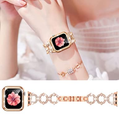 Mesime Compatible with Apple Watch Band 38mm 40mm 41mm 42mm 44mm 45mm , Women Girl Bling Diamond Jewelry Metal Strap Bands with Crystal Tempered Glass Screen Protector Case, Round Shiny Bracelet - Image 2