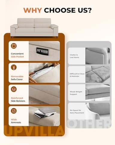 Upvilla 88.97" Modern Couches for Living Room, Deep Seat Sofa with 8”Cushion, Comfy 2-Seater Chenille Loveseat Sofa with Convertible Armrest, Removable Sofa Cover, High Leg (Beige) - Image 6