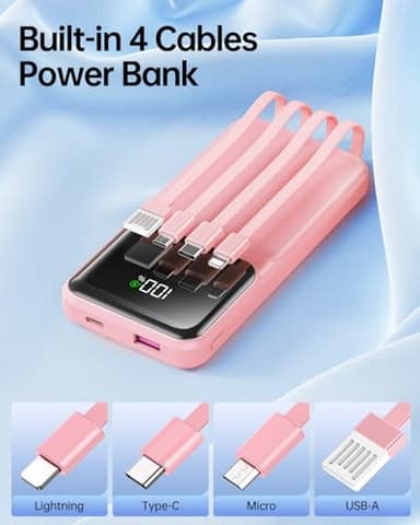 Portable Charger with Built in Cable - 20000mAh Fast Charging Slim 22.5W Power Bank USB C LED Display Battery Pack 5 Outputs & 3 Inputs for Travel Essentials iPhone Samsung Android Phones Tablets - Image 2