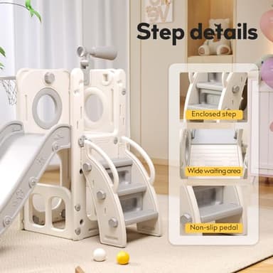 Baotree 6 in 1 Toddler Playset with Slide, Kids Slide with Basketball Hoop, Ball, Ring Toss, Indoor Outdoor Toys (White Grey) - Image 5