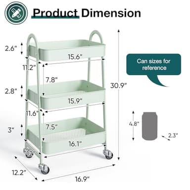 SMUG 3 Tier Rolling Cart - Metal Utility Carts on Lockable Caster Wheels, Mobile Storage Shelves Organizer for Livingroom, Bathroom, Kitchen, Bedroom & Narrow Places, Green - Image 4