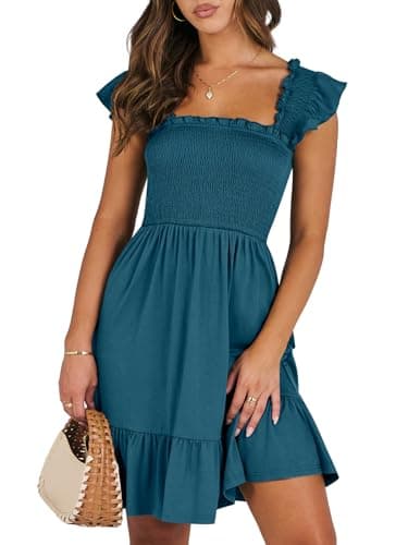 ANRABESS Women's Summer Casual Sleeveless Square Neck Dress 2025 Smocked Ruffle Backless Boho Beach Cute Teen Short Sundress Tile Blue x-Small - Image 1