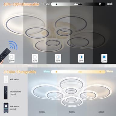 Shine LUEST Modern LED Ceiling Light, Dimmable LED Chandelier Flush Mount Ceiling Lights, Remote Control Acrylic Ring Ceiling Lamp Fixture for Living Room Dining Room Bedroom (White, 8 Rings) - Image 2