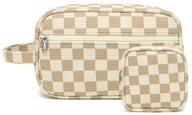 LEDAOU 2Pcs Travel Makeup Bag Cosmetic Bag Small Corduroy Makeup Pouch with Zipper Cute Travel Toiletry Essentials for Women Teen Girls (Brown Checkerboard) - Image 1