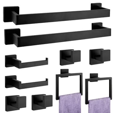 Bathroom Accessories Towel Bar Set: 10 Pieces Matte Black Bathroom Hardware Square SUS304 Stainless Steel - Wall Mounted Towel Rack&Toilet Paper Holder&Towel Ring and Towel Hook - Image 1
