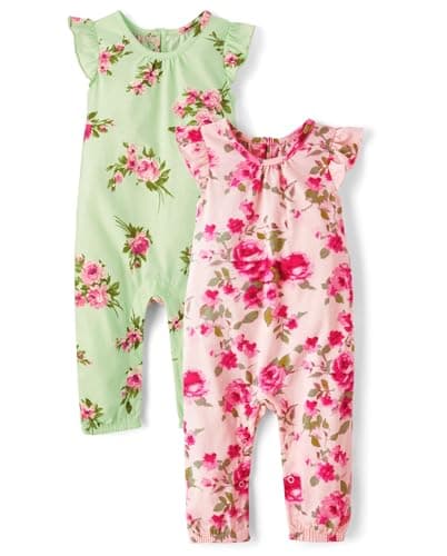The Children's Place,Baby Girls,and Newborn Sleeveless Pant Romper Playwear Outfit,Floral 2-Pack,9 Months,12 Months - Image 1