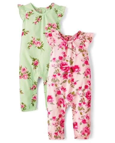 The Children's Place,Baby Girls,and Newborn Sleeveless Pant Romper Playwear Outfit,Floral 2-Pack,9 Months,12 Months - Image 1