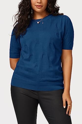 Arach&Cloz Womens Summer Fall Tops 2025 Fashion Short Sleeve Sweaters Crew Neck Lightweight Knit Dressy Teacher Blouse Blue - Image 3