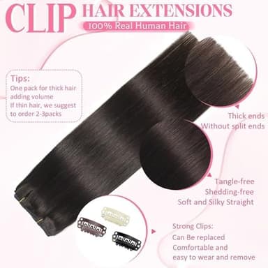 Clip in Hair Extensions Real Human Hair, Seamless Clip ins Real Human Hair for Women, Remy Human Hair Clip in Extensions, Double Weft 8pcs 24 inch Dark Brown - Image 3