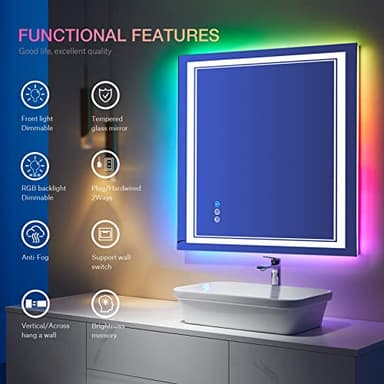 ISTRIPMF 36x36 inch Lighted Bathroom Mirror for Wall,Front Lighted and RGB Backlit LED Bathroom Mirror with Lights,Tempered Glass/Dimmable/Anti-Fog/Square Mirror - Image 2