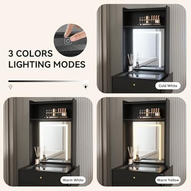 ARTETHYS Small Vanity Desk Set with 3 Adjustable Lighted Mirror and Storage Chair Mini Black Makeup Vanities Set for Bedroom Compact Make up Dressing Table with Fold-up Panel for Tiny Space - Image 4