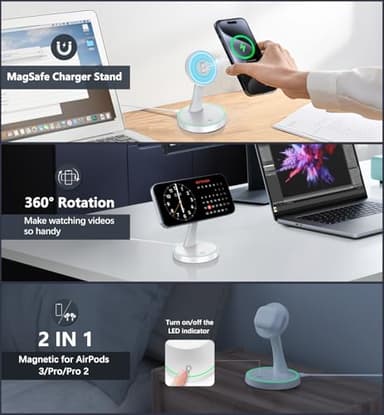 2 Pack Magnetic Wireless Charger Stand 15W Fast Mag-Safe Charger for iPhone iPhone 17 /17 pro/ 17 Air/ 17 pro max 16/15/14/13/12 Series Magnet Wireless Charging Station with Light for AirPods - Image 2