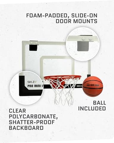 SKLZ Pro Mini Basketball Hoop - 18" x 12" Clear, Shatterproof Backboard, Breakaway Rim, Heavy Duty Net, & 5" Ball - Easy Mount Padded, Slide-On Over-Door Mounts - Suitable for Office, Dorm, Bedroom - Image 5