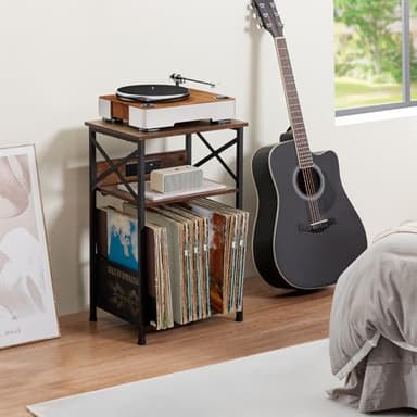 AMHANCIBLE Record Player Stand with Charging Station, Turntable Stand with Storage Cabinet, 3 Tier End Table Hold Up to 100 Albums, Record Table for Vinyl, Living Room, Rustic Brown, HETCD01BR-1 - Image 6