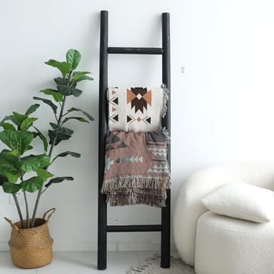 FUIN 57in Wood Blanket Ladder Living Room Decorative Wall Leaning Farmhouse Quilt Display Holder Rustic Wooden Towel Rack for Bathroom, Black - Image 2