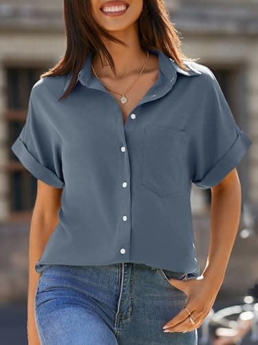 Beautife Womens Short Sleeve Shirts V Neck Collared Button Down Shirt Tops with Pockets Blue Grey - Image 3